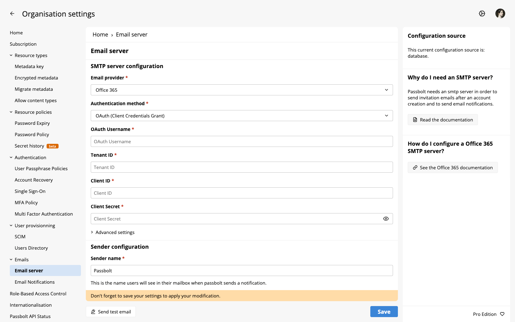passbolt email server settings showing the Office 365 provider with the OAuth (Client Credentials Grant) authentication method and its OAuth Username, Tenant ID, Client ID and Client Secret fields