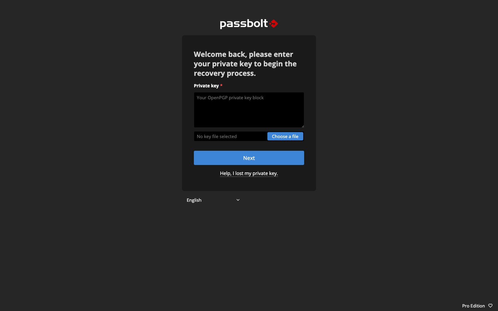 Standard recovery screen asking for the private key