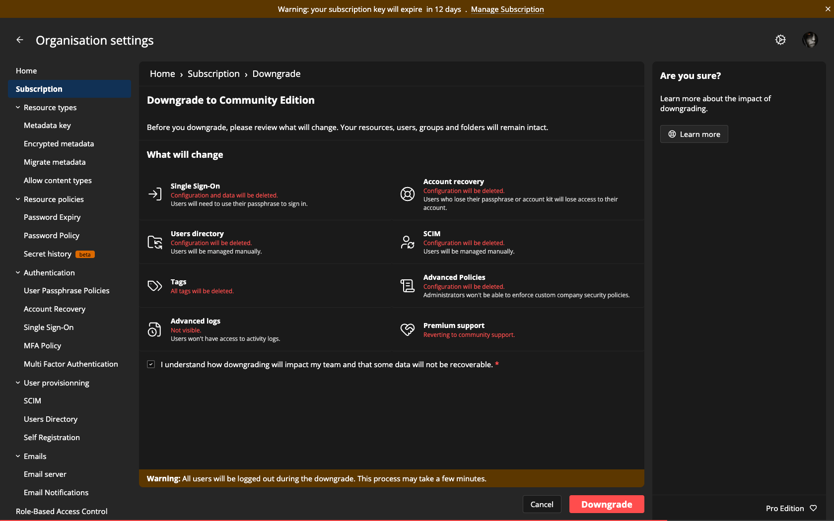 Import Subscription Key - Downgrade confirmation