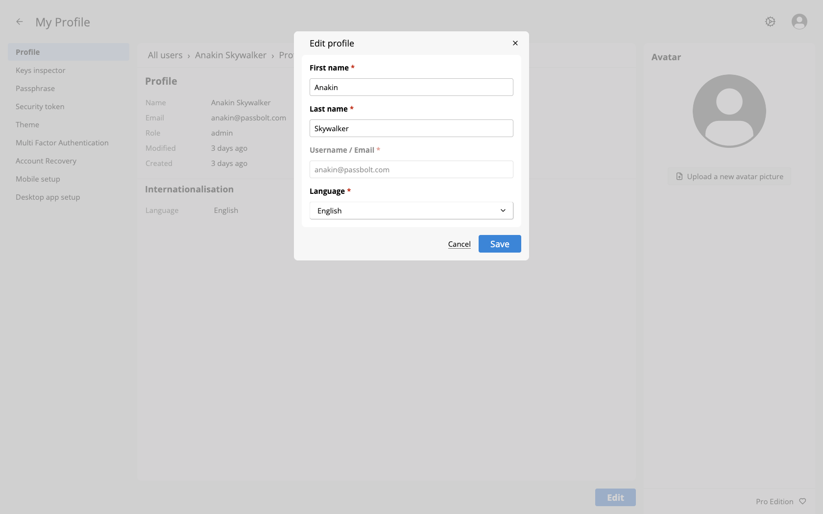 The profile edit form with the Language dropdown open
