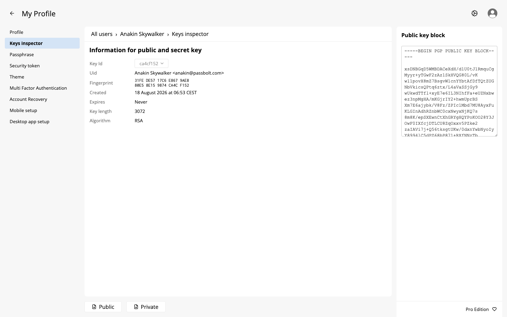 The Keys inspector tab, showing the fields of the user OpenPGP key and the Public and Private download buttons