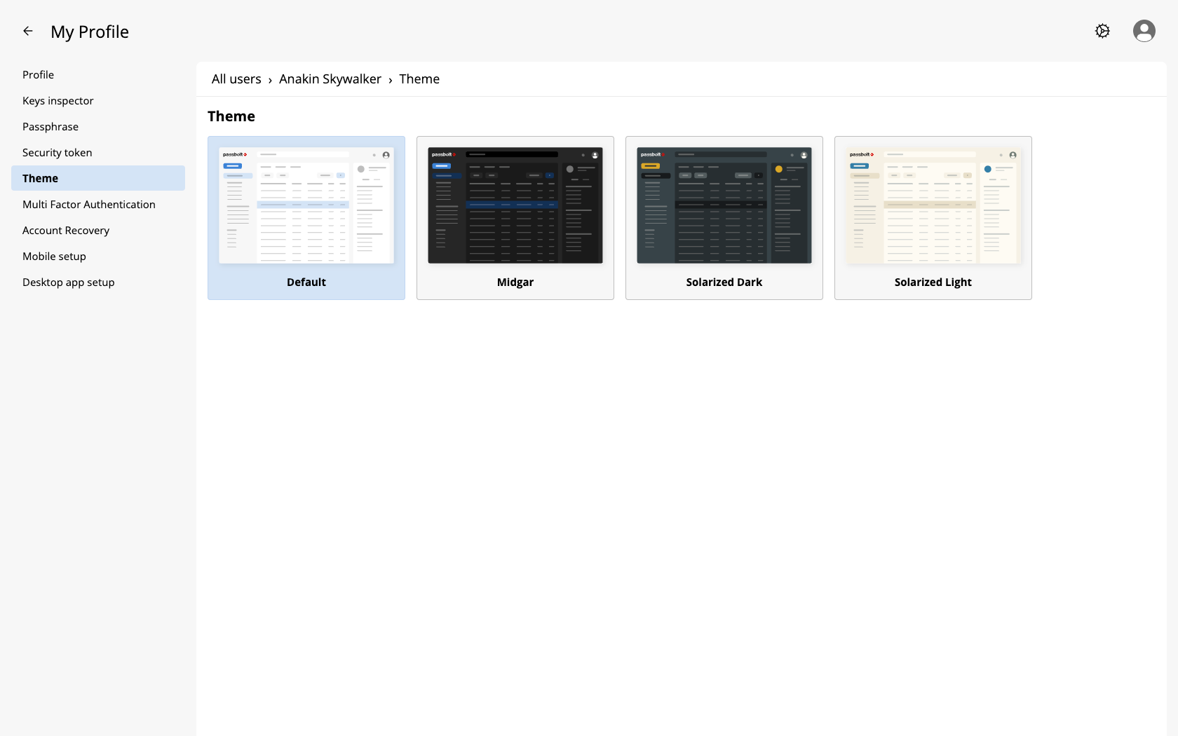 The Theme tab of the user settings, showing the previews of the four available themes