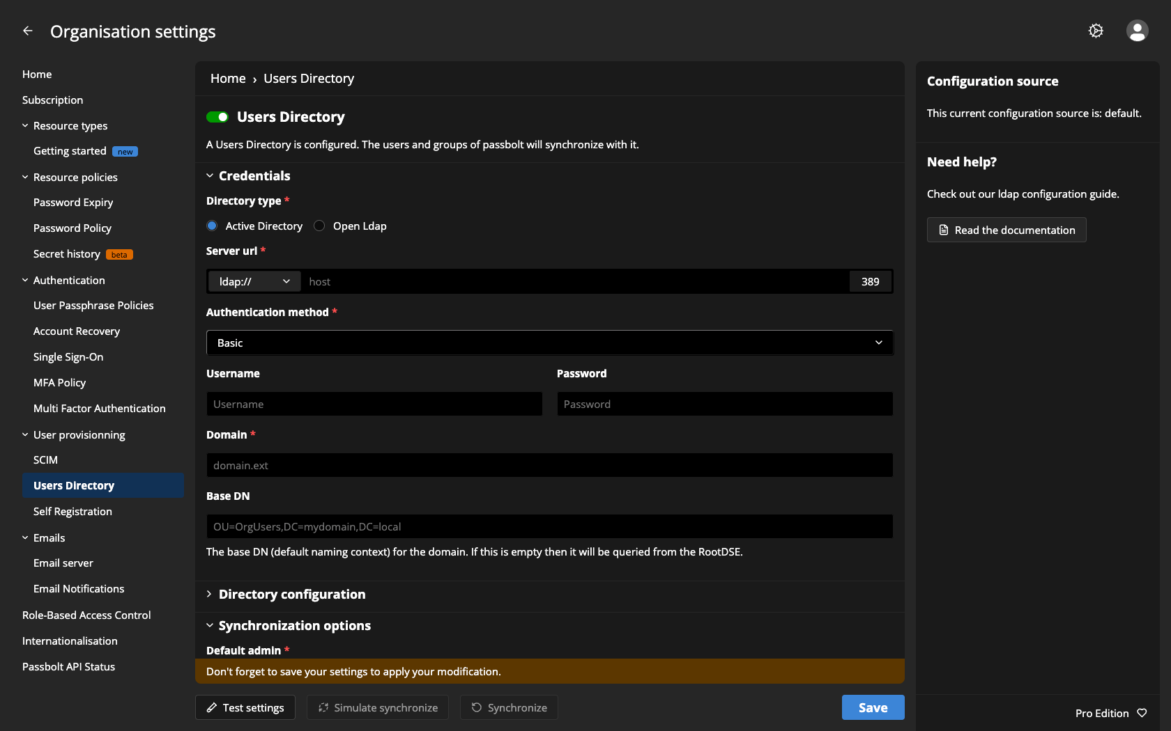 Authentication method dropdown in the Users Directory administration screen