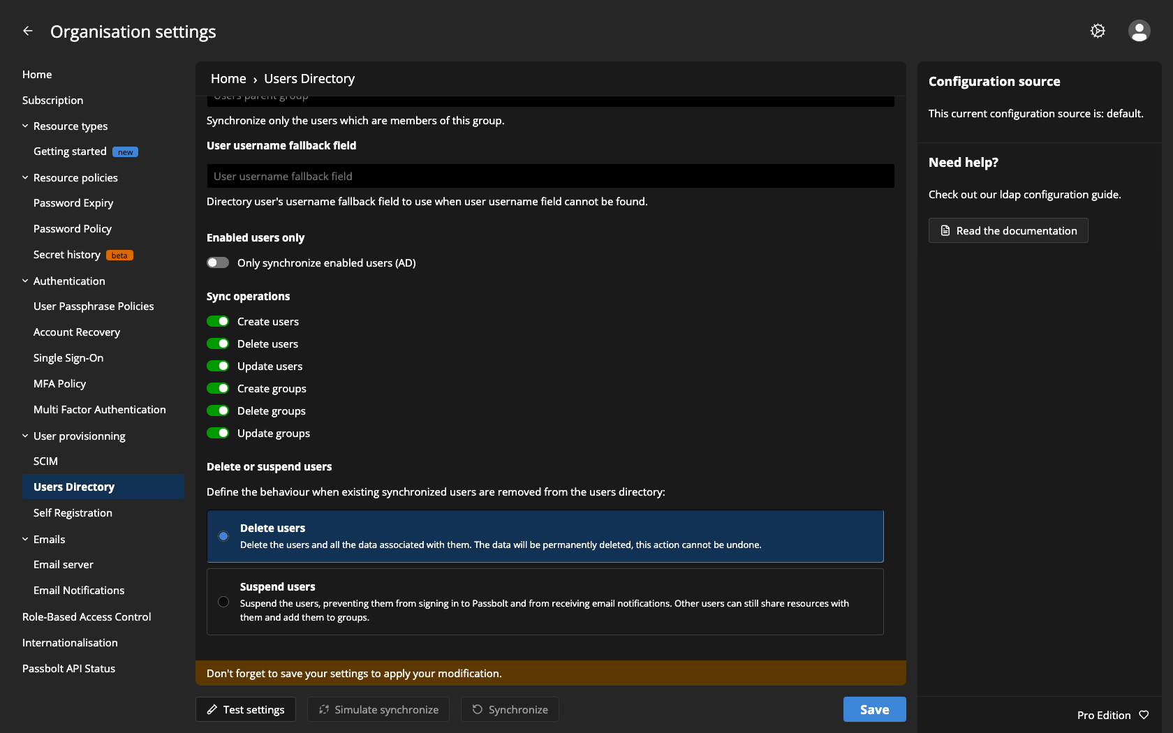 Delete or suspend users setting in the Users Directory administration screen