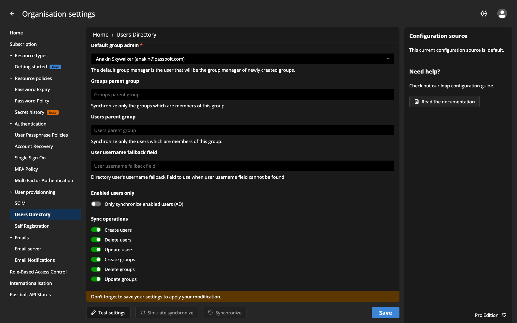Sync operations toggles in the Users Directory administration screen