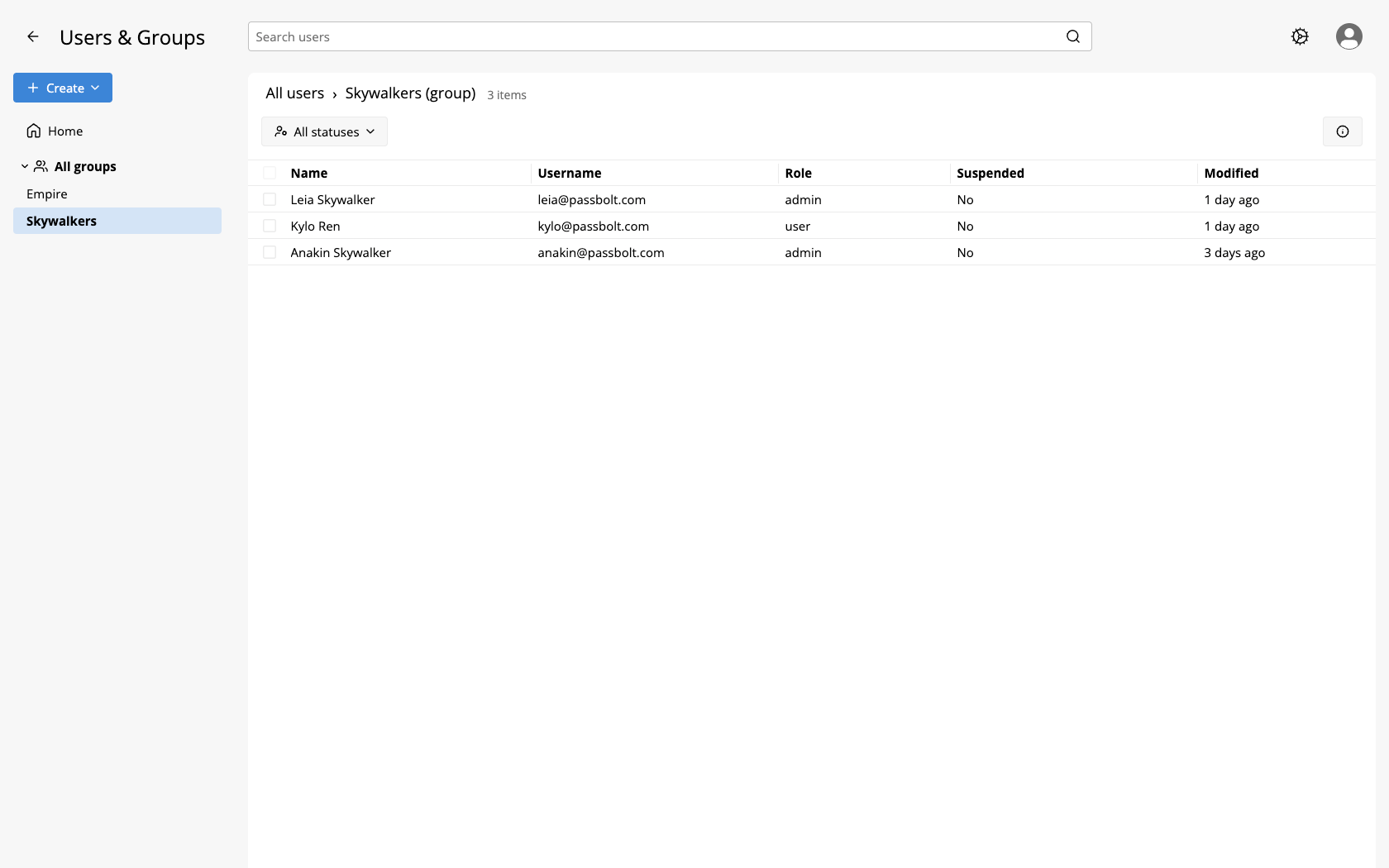 The Manage Users and Groups workspace with the Groups section of the left panel and its filters