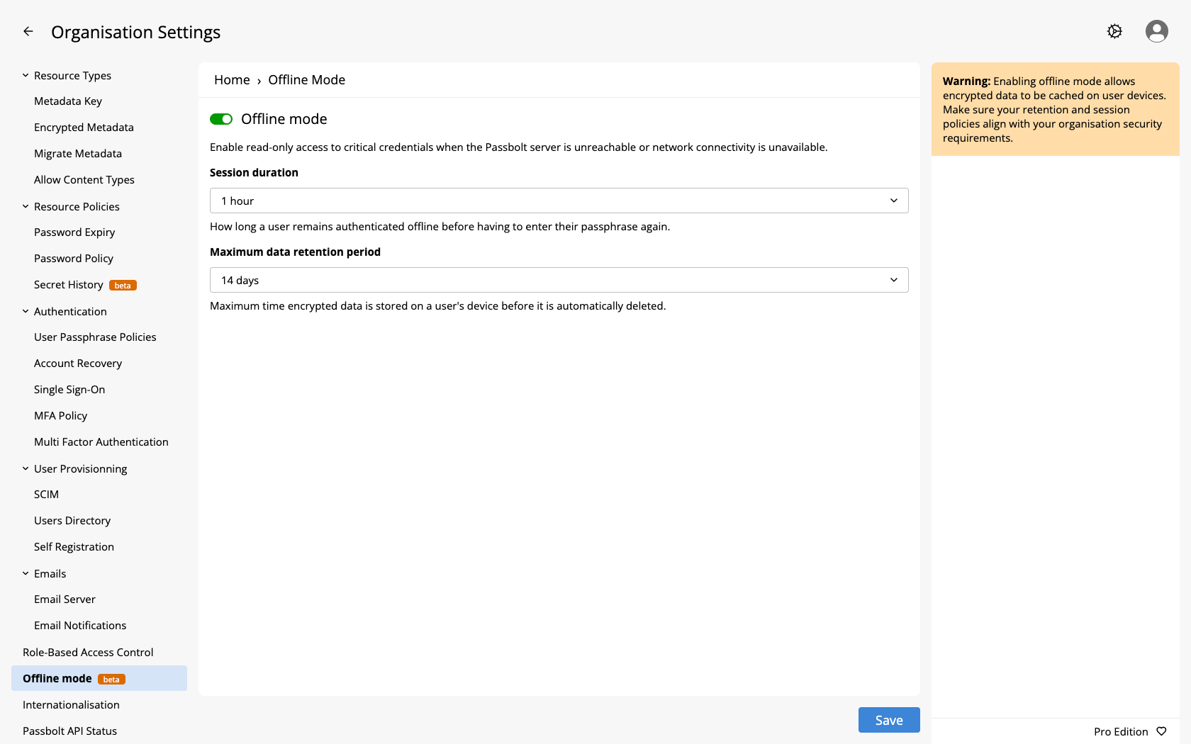 The Offline mode administration screen, with the feature toggle, the session duration and maximum data retention period settings, and the warning panel
