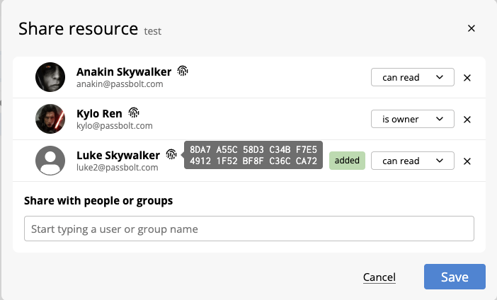 Hovering a fingerprint when sharing a resource
