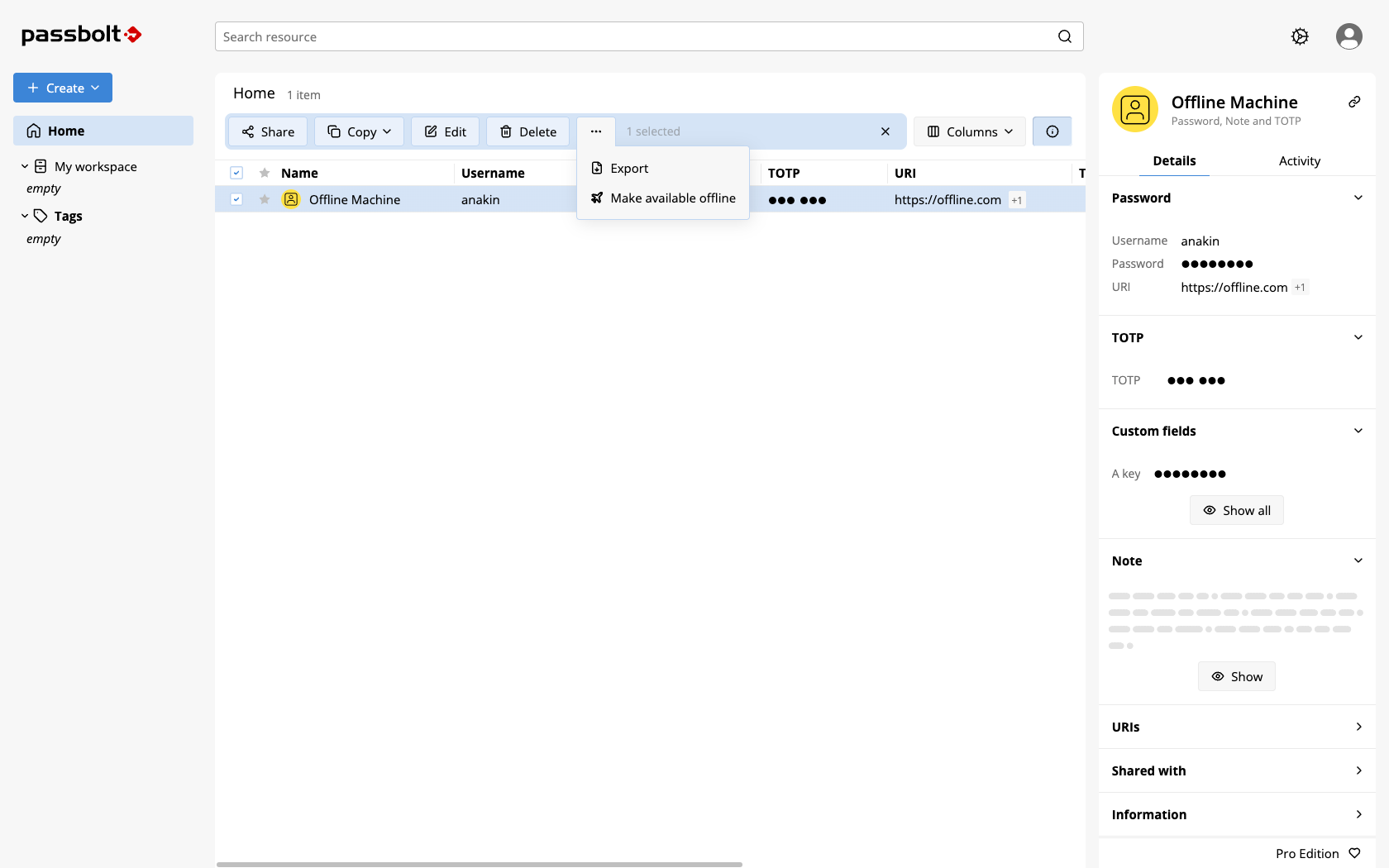 The more menu of a selected resource in the passwords workspace, with the Make available offline entry