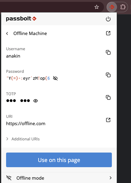 A credential open in Quick Access while signed in offline, with the Use on this page button and the Offline mode footer link