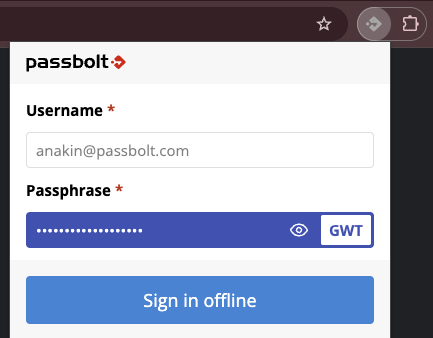 The offline sign-in screen in Quick Access, with the username already filled in, the passphrase field, and a Sign in offline button