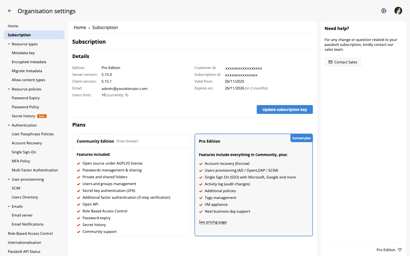 Subscription administration screen showing the Details panel and the Plans cards