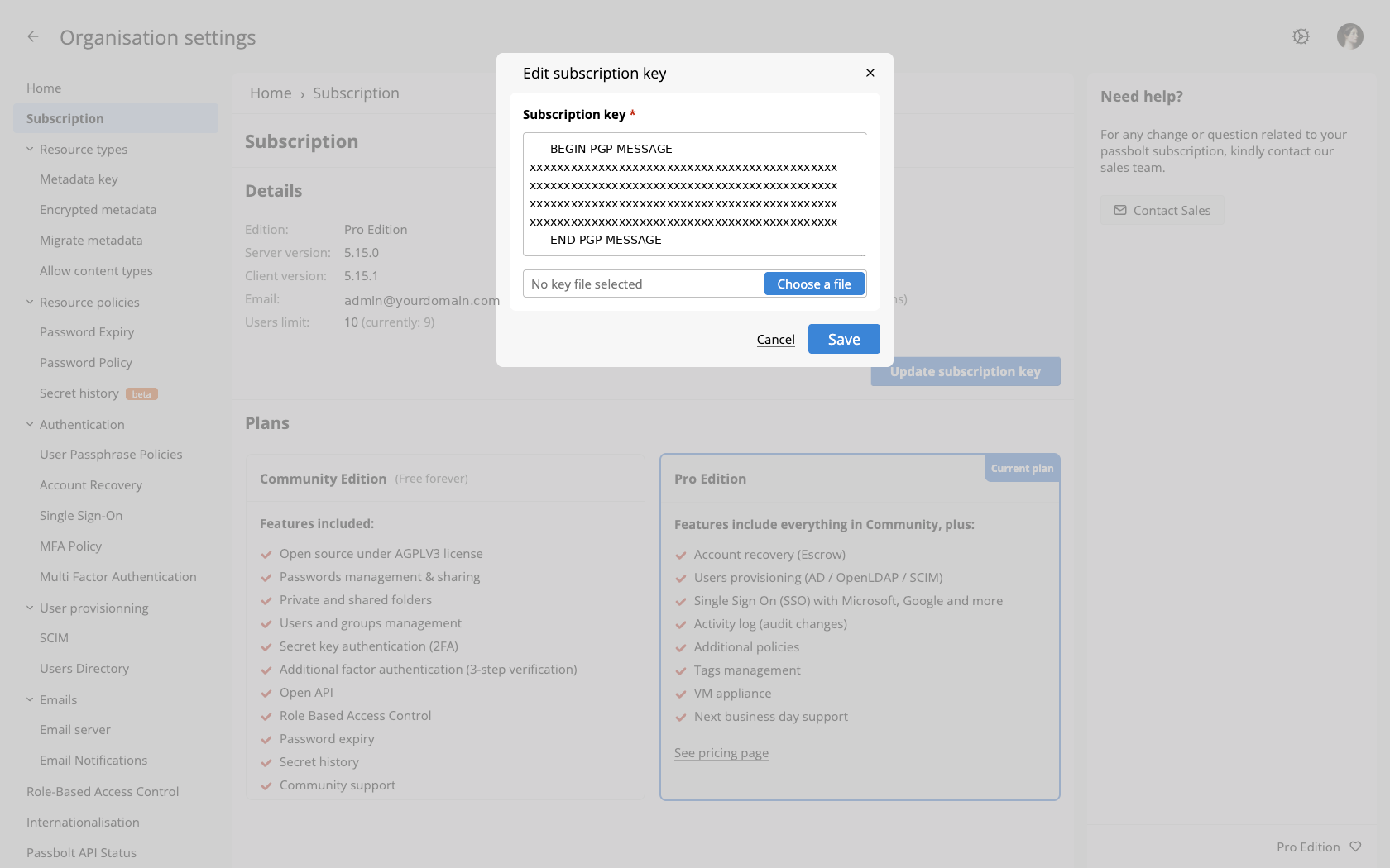 Edit subscription key dialog with the key field and Choose a file button