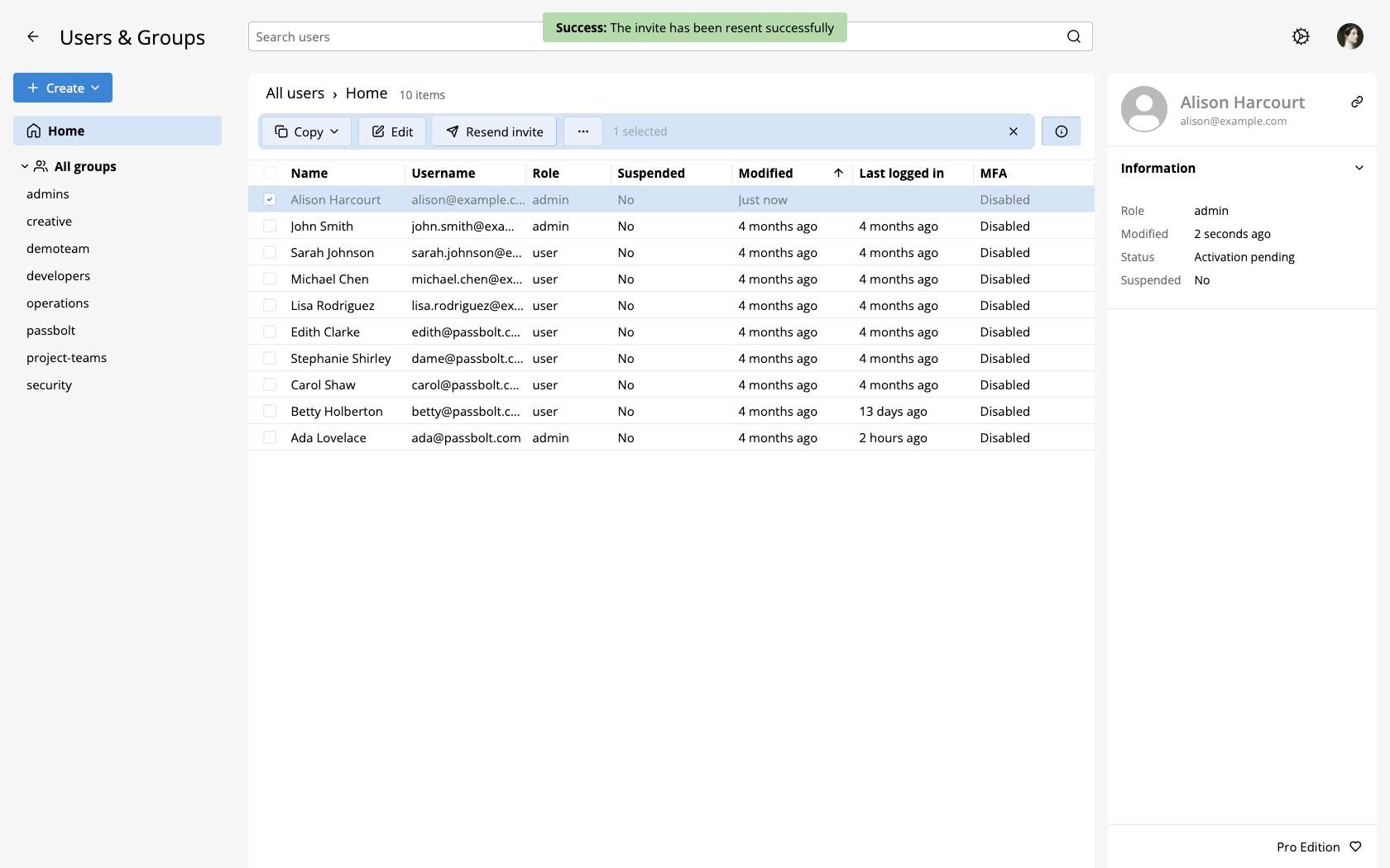 Users and groups screen with a user whose status is Activation pending selected, the Resend invite toolbar button, and the success notification