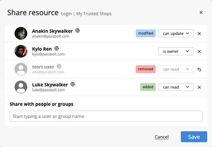 The Share resource dialog with three recipients, one marked added, one marked modified and one marked removed, the removed row dimmed with a revert arrow in place of its cross