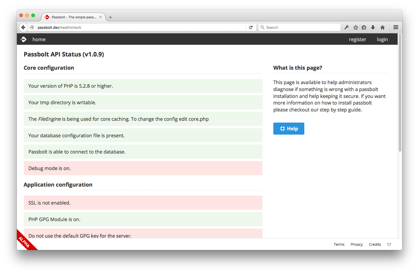 Example of healthcheck screen