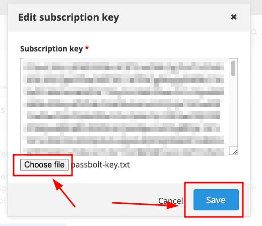 Choose file popup in subscription key administration screen 