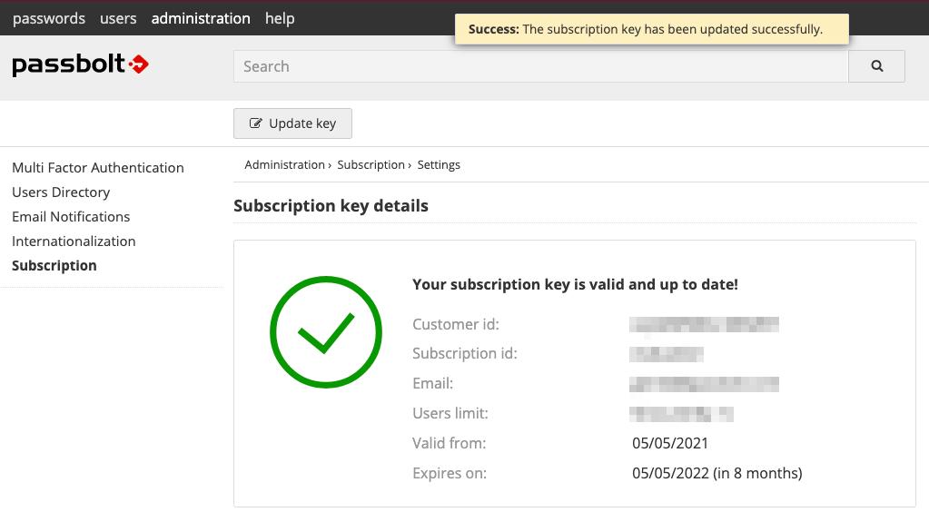 Subscription details in subscription key administration screen 